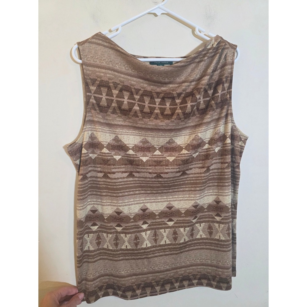 Lauren Ralph Lauren Silk Wool Geometric Tank Top Brown Metallic Womens 2X